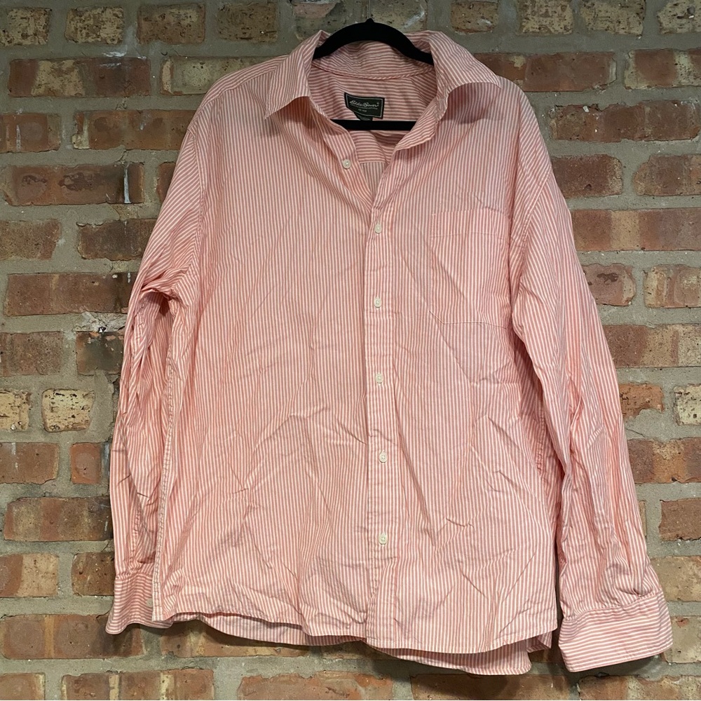 Eddie Bauer men’s button up shirt salmon and white striped with front pocket XL